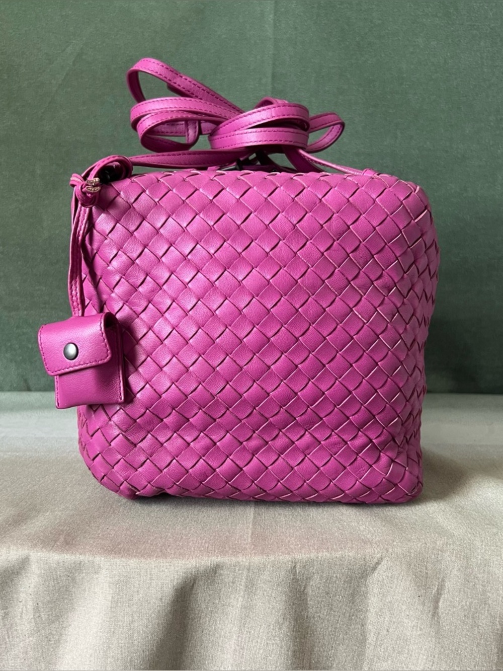 Bottega Veneta Intrecciato Woven Leather Cube Crossbody Bag Magenta